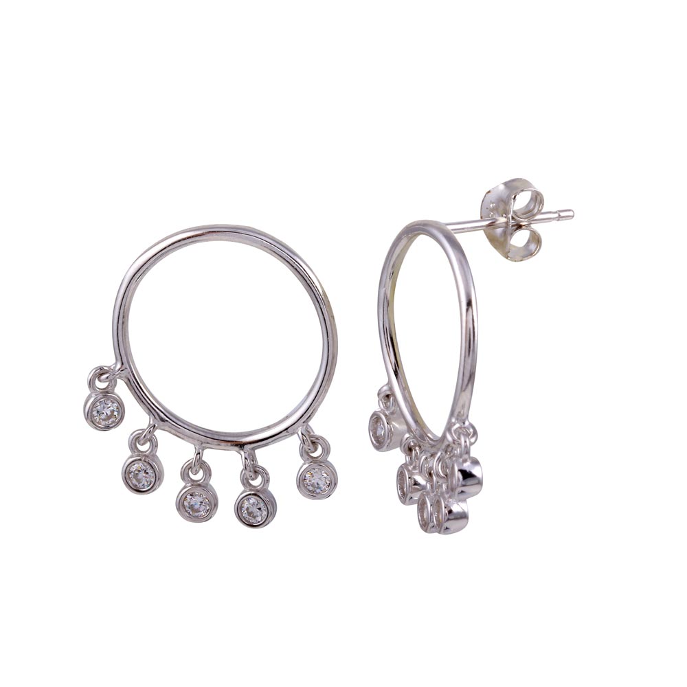 Sterling Silver Rhodium Plated Semi Hoop CZ Circular Earrings