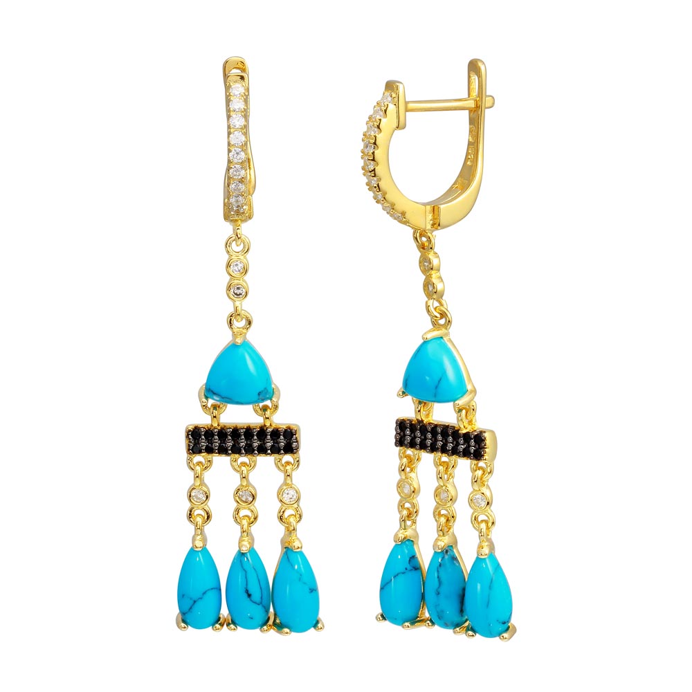 Sterling Silver Gold Plated Danging CZ and Turquoise Earrings
