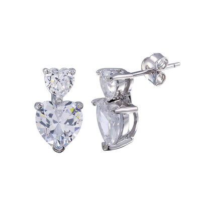 Sterling Silver Rhodium Plated Double Heart CZ Dangling Earrings
