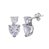 Sterling Silver Rhodium Plated Double Heart CZ Dangling Earrings