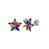 Sterling Silver Rhodium Plated Multi Color Flower CZ Stud Earrings