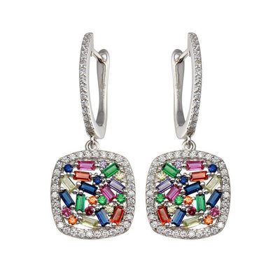 Sterling Silver Rhodium Plated Multi Color CZ Dangling Earrings - silverdepot