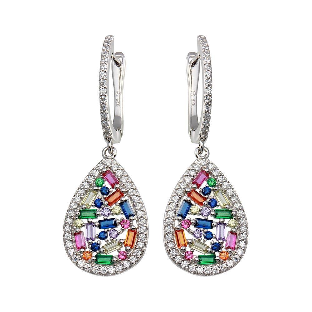 Sterling Silver Rhodium Plated Multi Color Teardrop CZ Dangling Earrings - silverdepot
