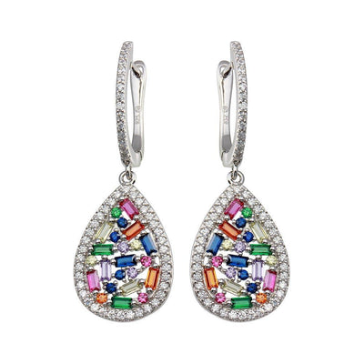 Sterling Silver Rhodium Plated Multi Color Teardrop CZ Dangling Earrings - silverdepot
