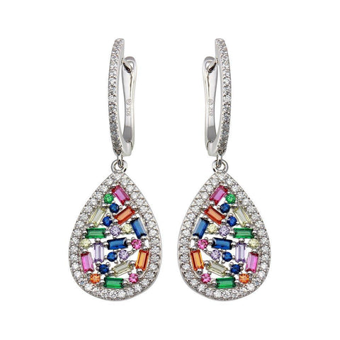 Sterling Silver Rhodium Plated Multi Color Teardrop CZ Dangling Earrings