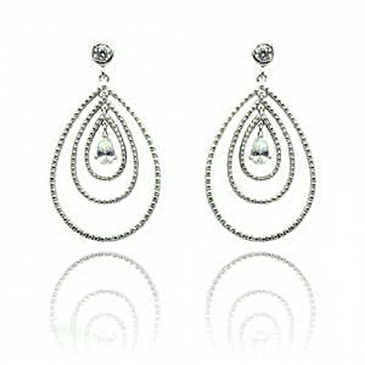 Sterling Silver Nickel Free Rhodium Plated Round Teardrop Dangling Stud Earrings With CZ Stones
