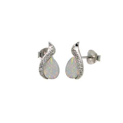 Sterling Silver Rhodium Plated Teardrop Synthetic Opal CZ Stud Earrings - silverdepot