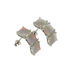 Sterling Silver Rhodium Plated Triple Square Synthetic Opal CZ Stud Earrings