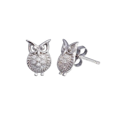Sterling Silver Rhodium Plated Owl CZ Stud Earrings - silverdepot
