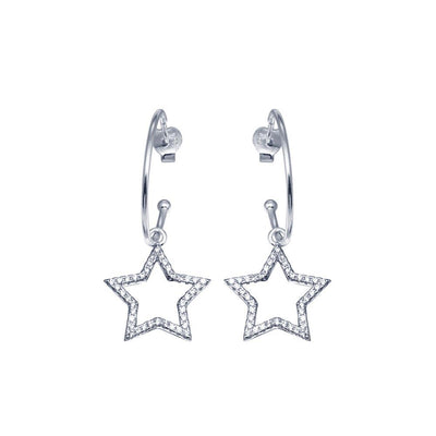 Sterling Silver CZ Semi Hoop Dangling Star Earrings