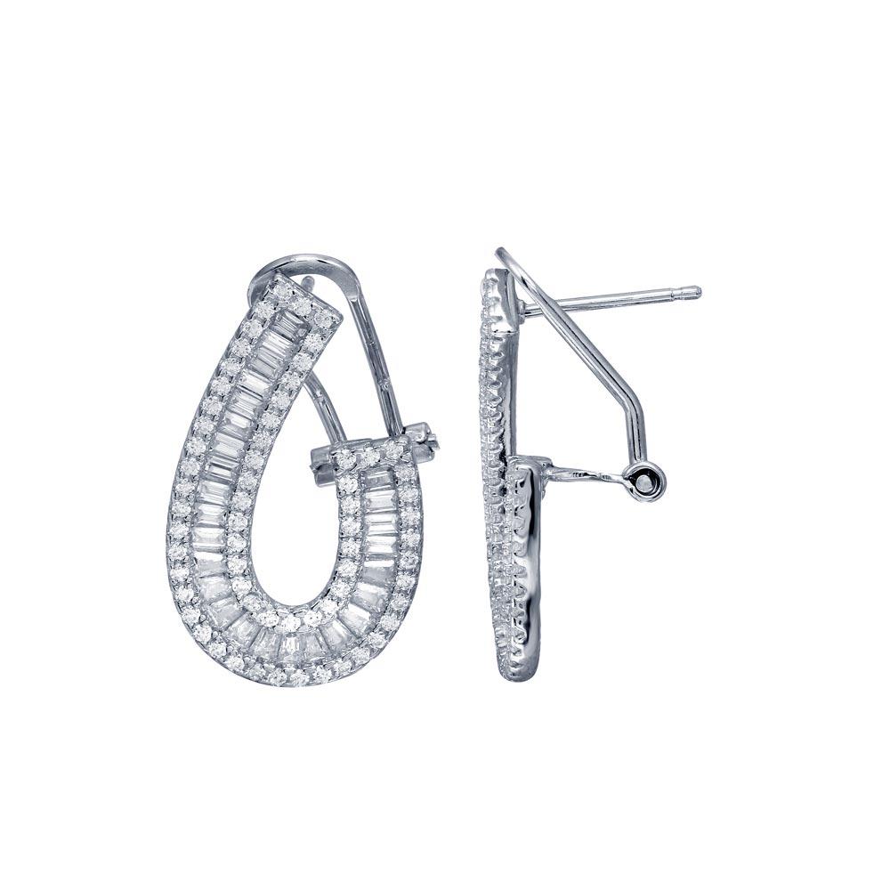 Sterling Silver CZ U Design Baguette Clip Post Earrings