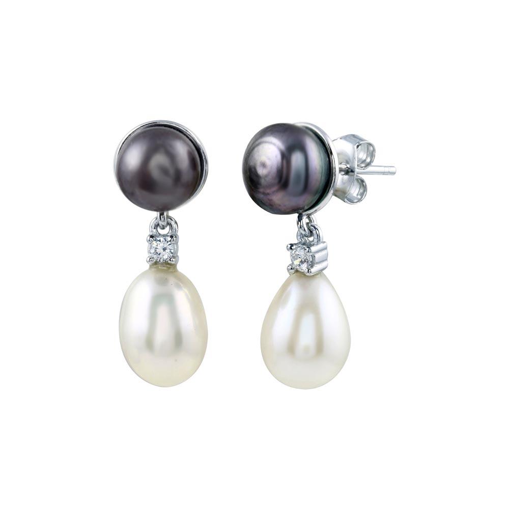 Sterling Silver Rhodium Plated Black and White Pearl Dangling Earrings