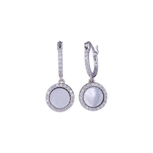 Load image into Gallery viewer, Sterling Silver Rhodium Plated Dangling CZ Disc with Mother of Pearl Huggie Earrings