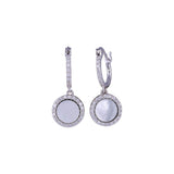 Sterling Silver Rhodium Plated Dangling CZ Disc with Mother of Pearl Huggie Earrings