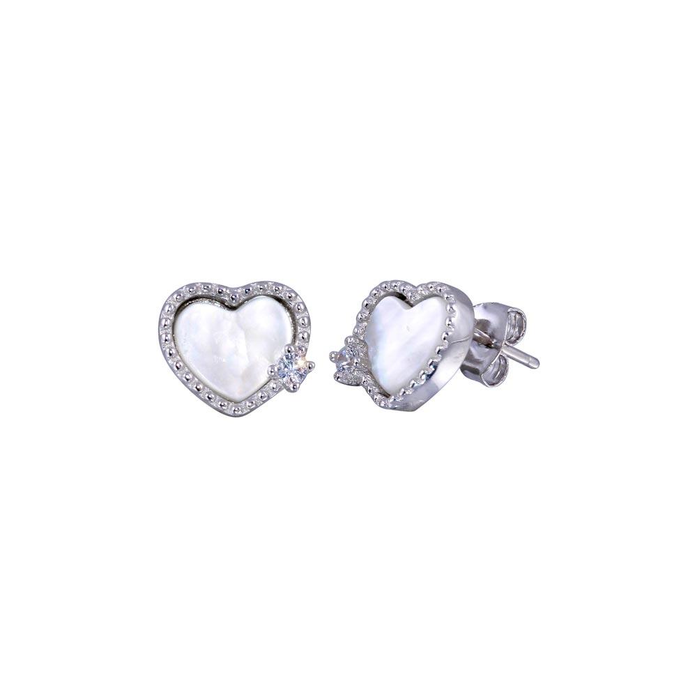 Sterling Silver Rhodium Plated CZ MOP Heart Stud Earrings