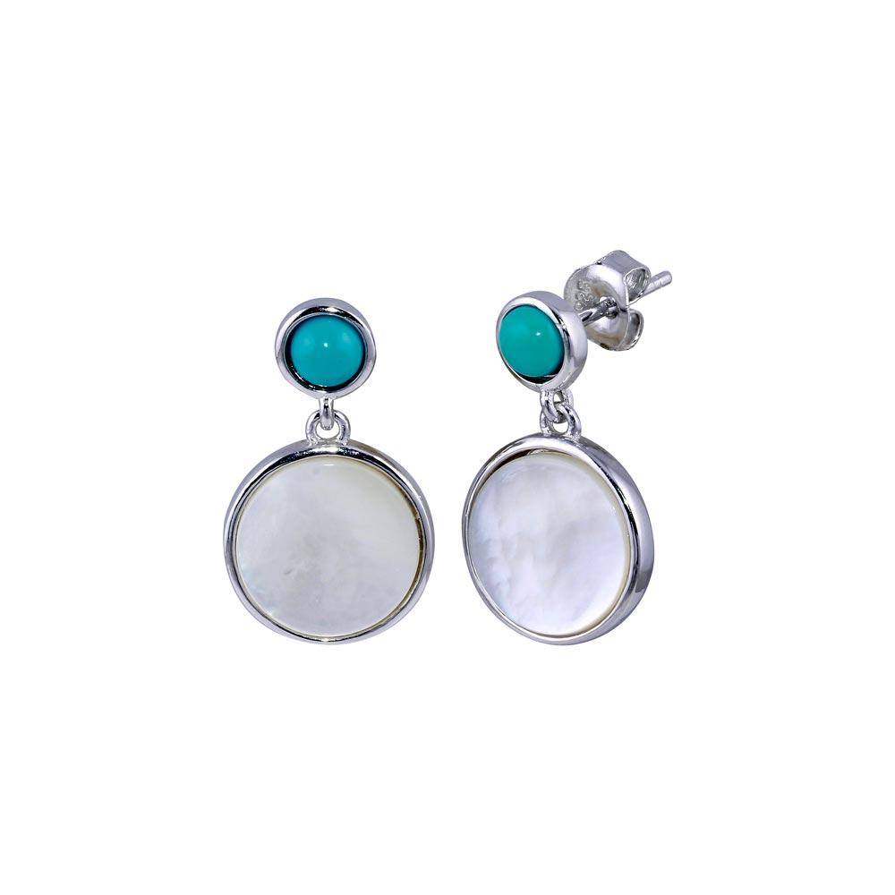 Sterling Silver Rhodium Plated Turquoise Stud Dangling MOP  Earrings
