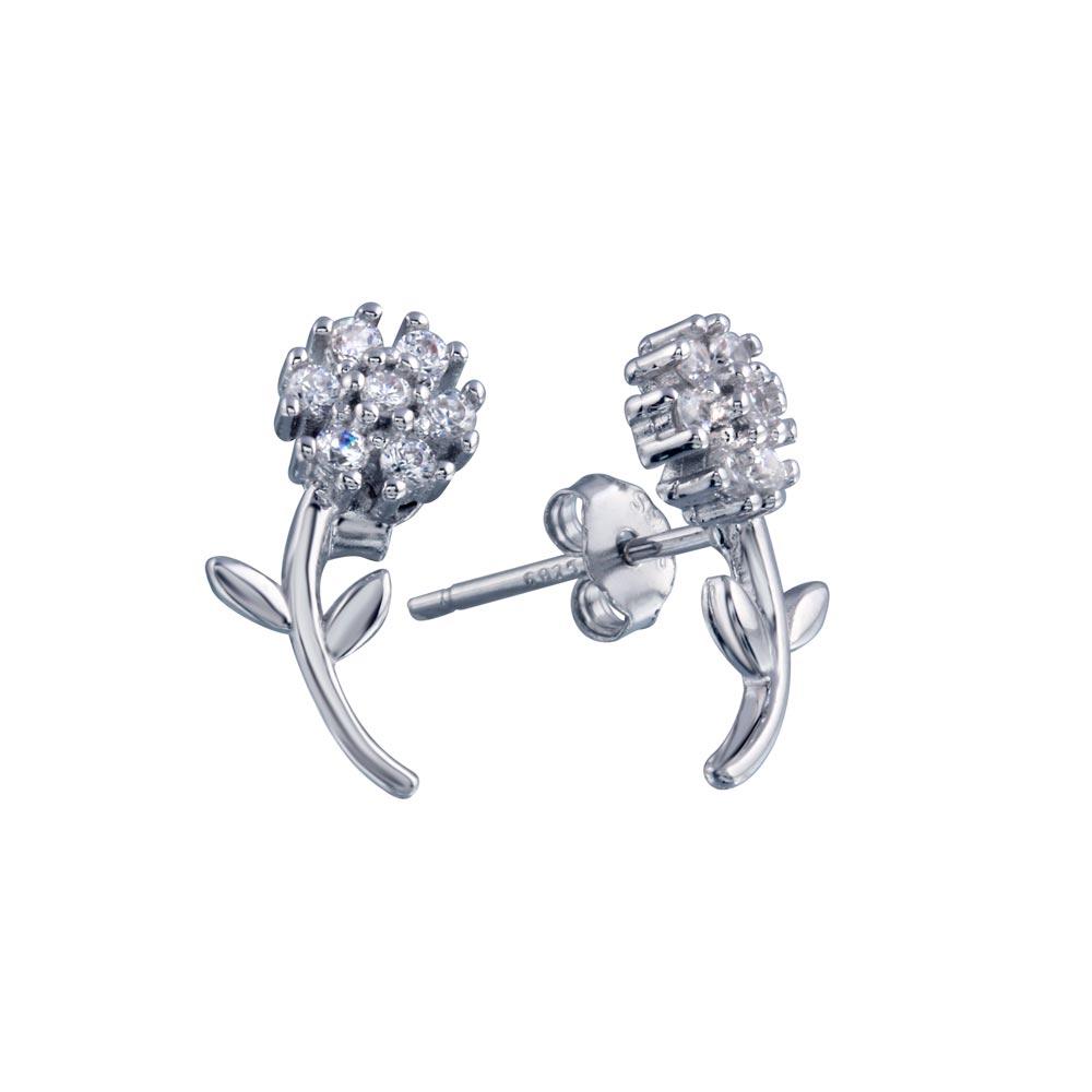 Sterling Silver Rhodium Plated Flower CZ Stud Earrings