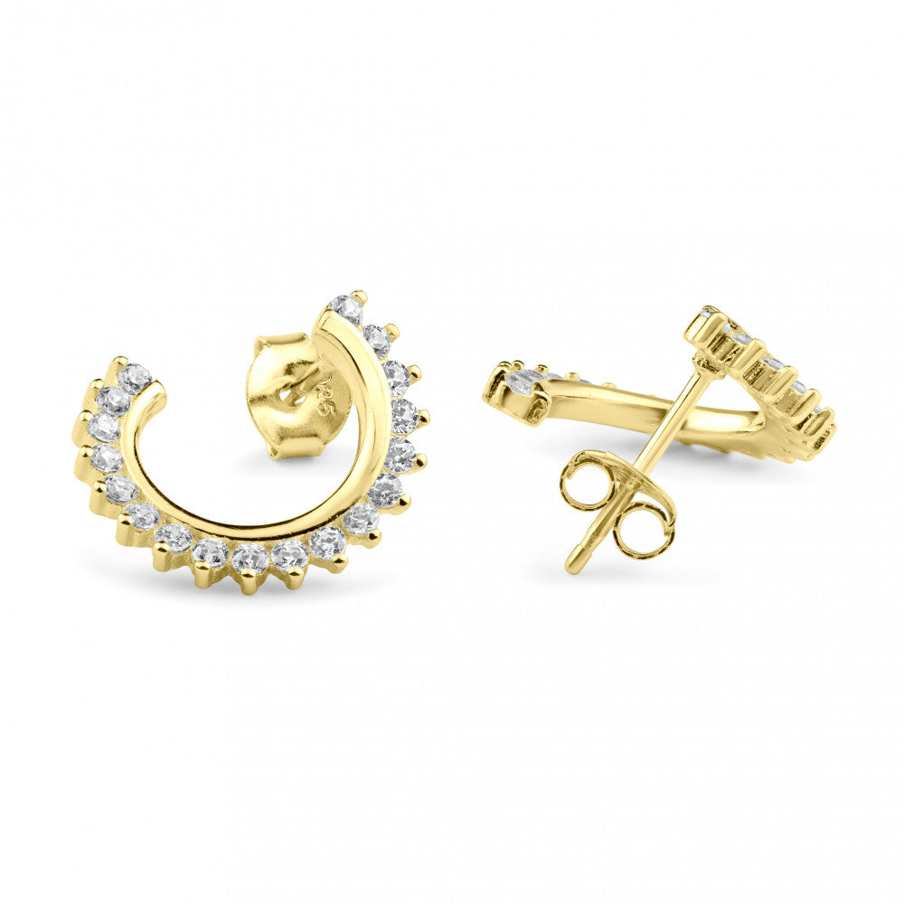 Sterling Silver Gold Plated Crescent Hoop Clear CZ Earrings