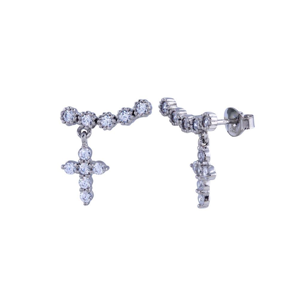 Sterling Silver Rhodium Plated CZ Dangling Cross Earrings