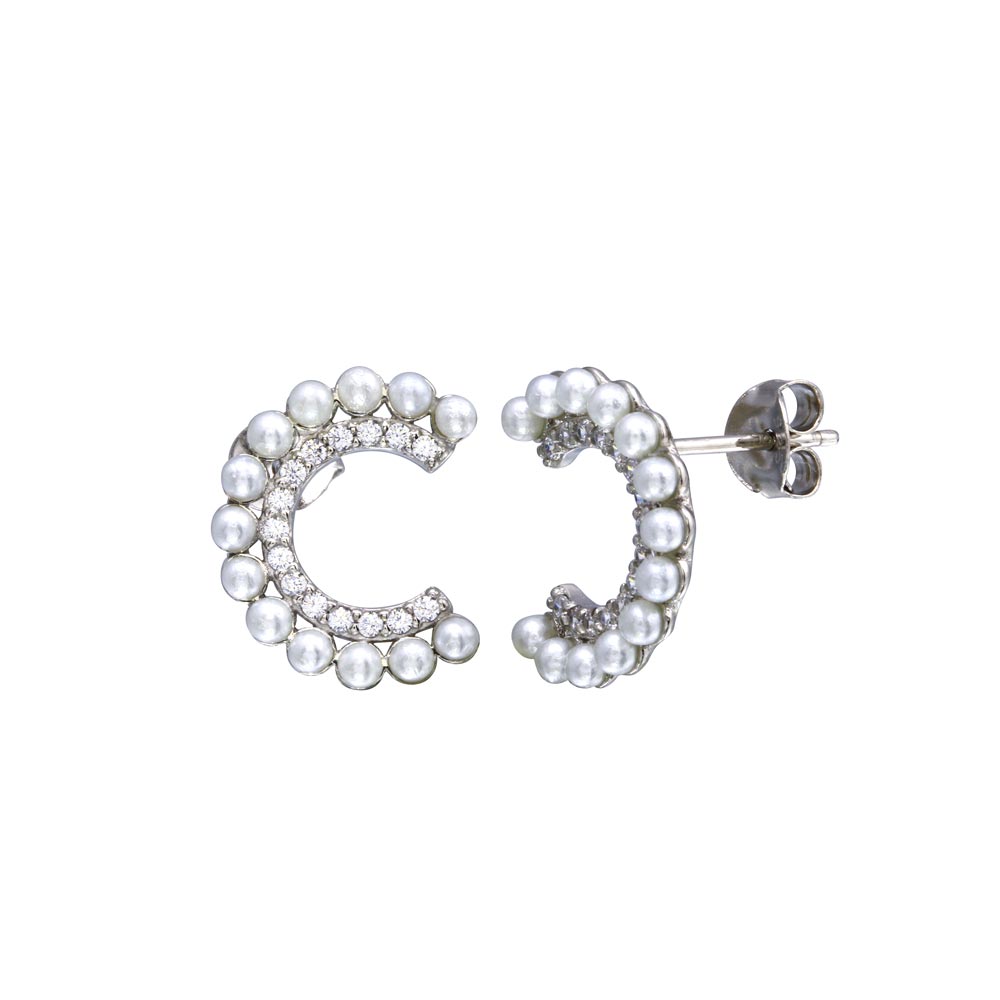 Sterling Silver Rhodium Plated Crescent Pearl CZ Earrings