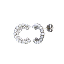 Load image into Gallery viewer, Sterling Silver Rhodium Plated Crescent Pearl CZ Earrings