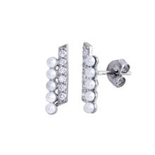 Load image into Gallery viewer, Sterling Silver Rhodium Plated Vertical Pearl and Clear CZ Earrings