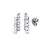 Sterling Silver Rhodium Plated Vertical Pearl and Clear CZ Earrings