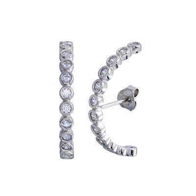 Sterling Silver Rhodium Plated Half Circle Clear CZ Earrings