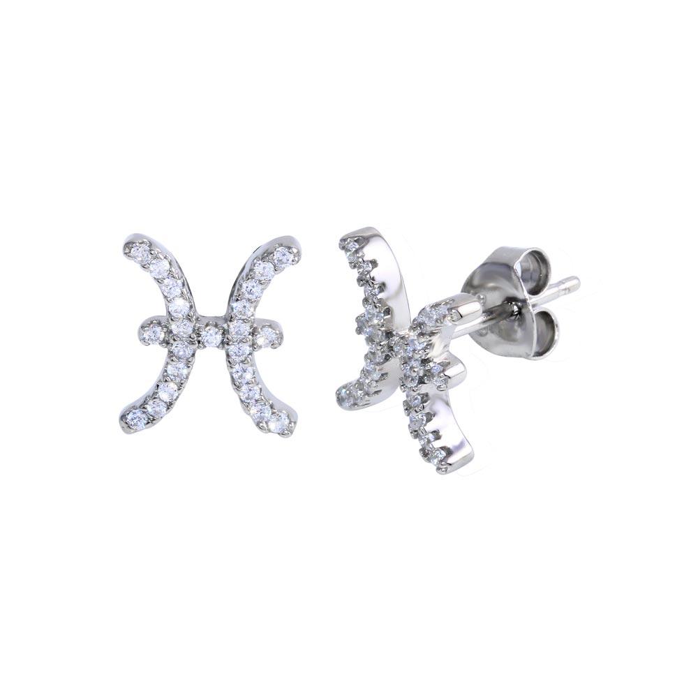 Sterling Silver Platinum Plated Pisces CZ Zodiac Sign Earrings