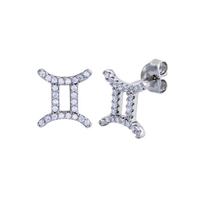 Sterling Silver Platinum Plated Gemini CZ Zodiac Sign Earrings