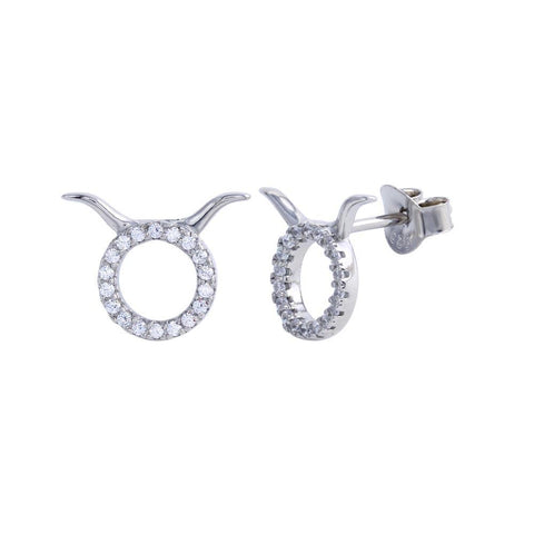 Sterling Silver Platinum Plated Taurus CZ Zodiac Sign Earrings
