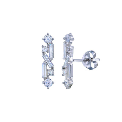 Sterling Silver Rhodium Plated Linear Baguette CZ Earrings