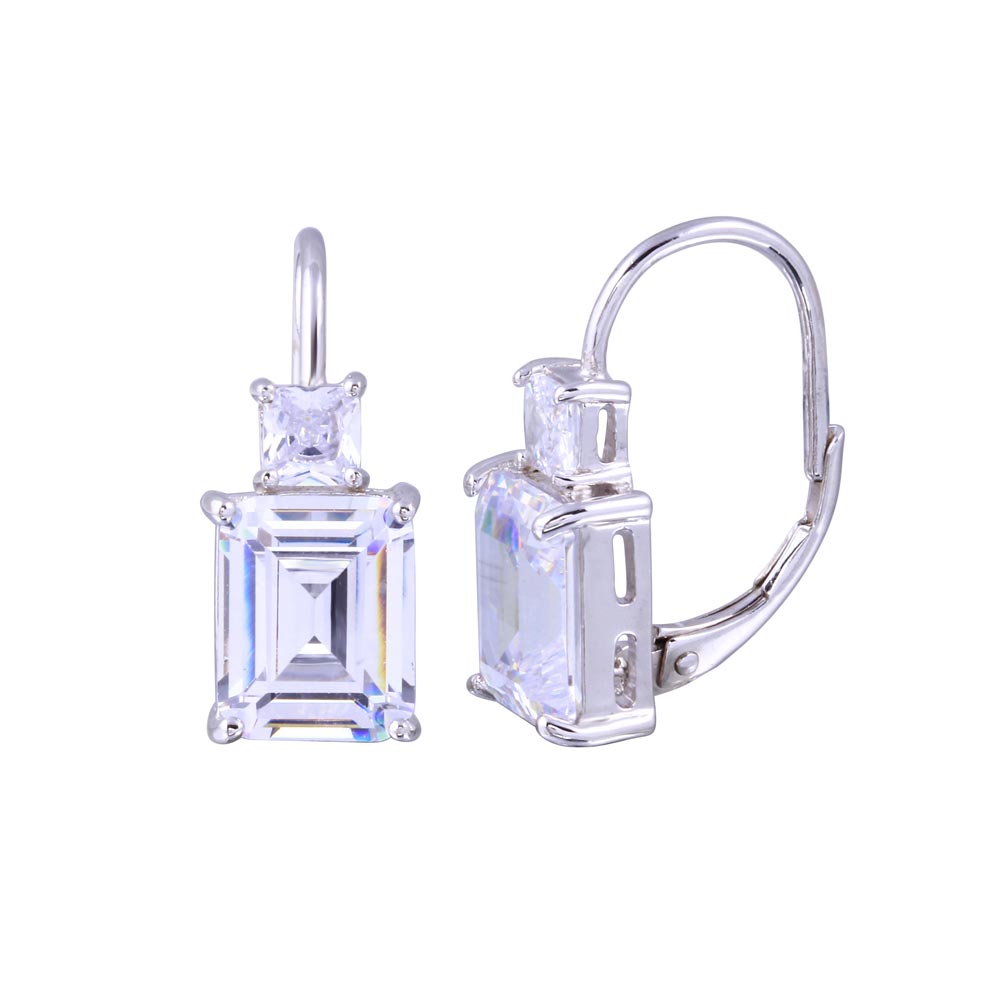 Sterling Silver Rhodium Plated Baguette CZ Earrings