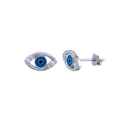 Sterling Silver Rhodium Plated Evil Eye CZ Earrings