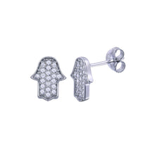 Load image into Gallery viewer, Sterling Silver Rhodium Plated Hamsa Hand CZ Earrings