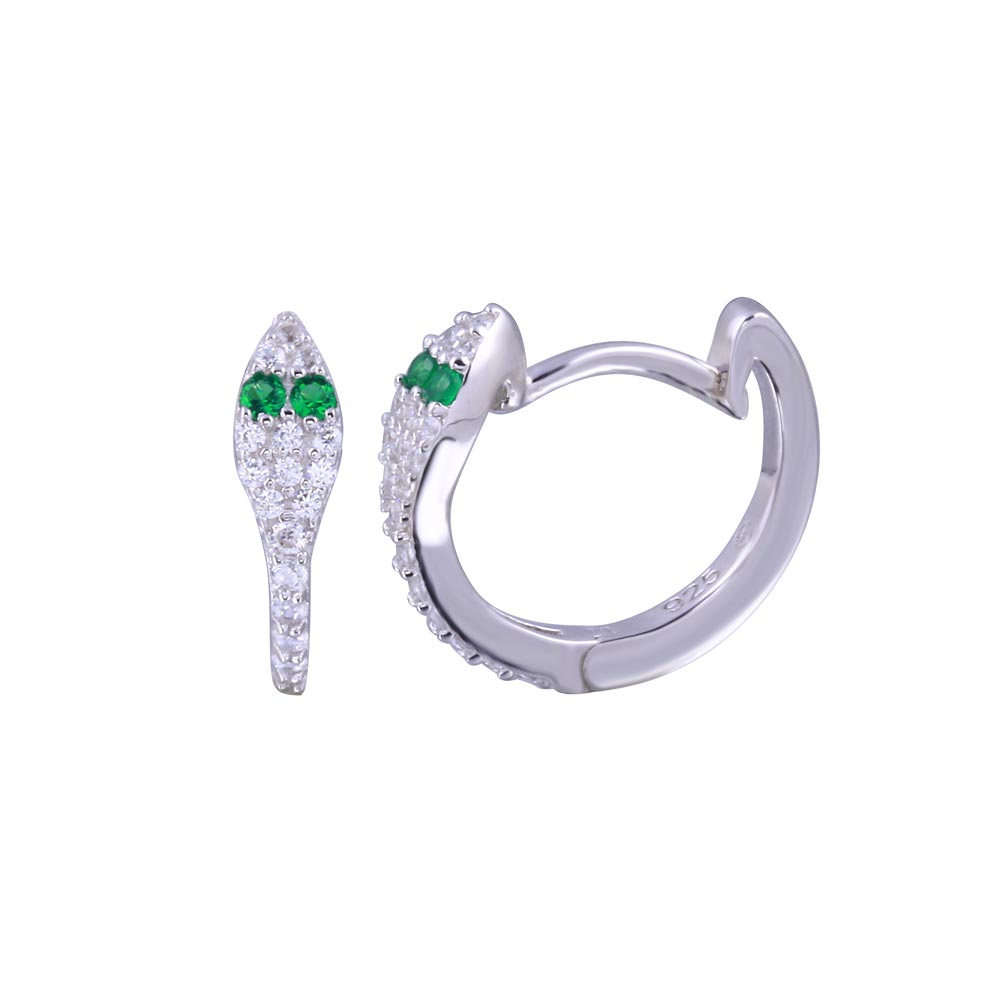 Sterling Silver Rhodium Plated Snake Green And Clear CZ Earrings
