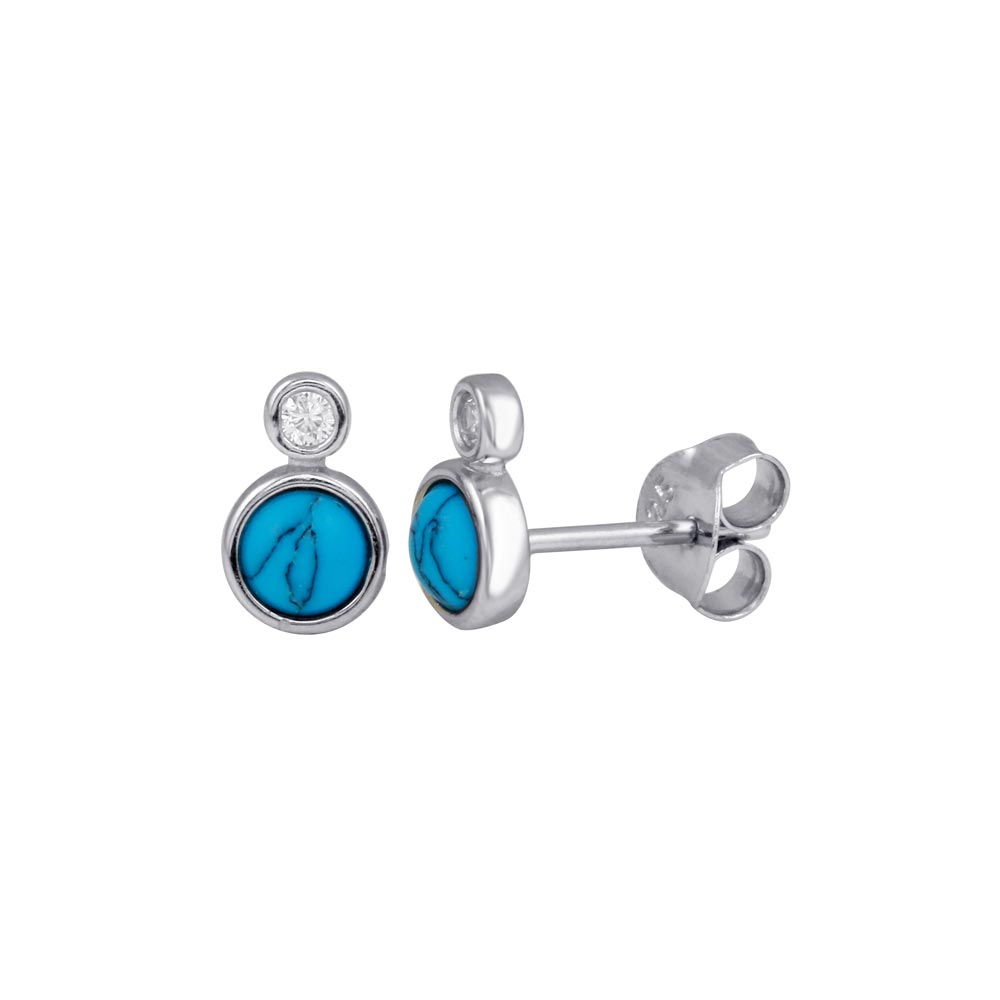 Sterling Silver Rhodium Plated Turquoise Clear CZ Stud Earrings