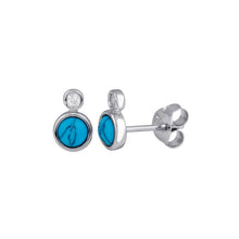 Load image into Gallery viewer, Sterling Silver Rhodium Plated Turquoise Clear CZ Stud Earrings