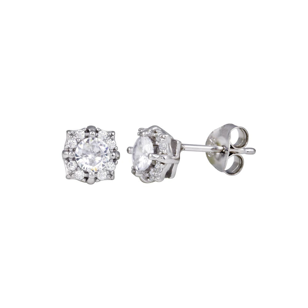 Sterling Silver Rhodium Plated CZ Flower Stud Earrings