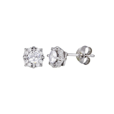 Sterling Silver Rhodium Plated CZ Flower Stud Earrings