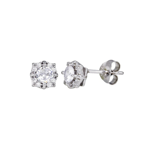 Sterling Silver Rhodium Plated CZ Flower Stud Earrings