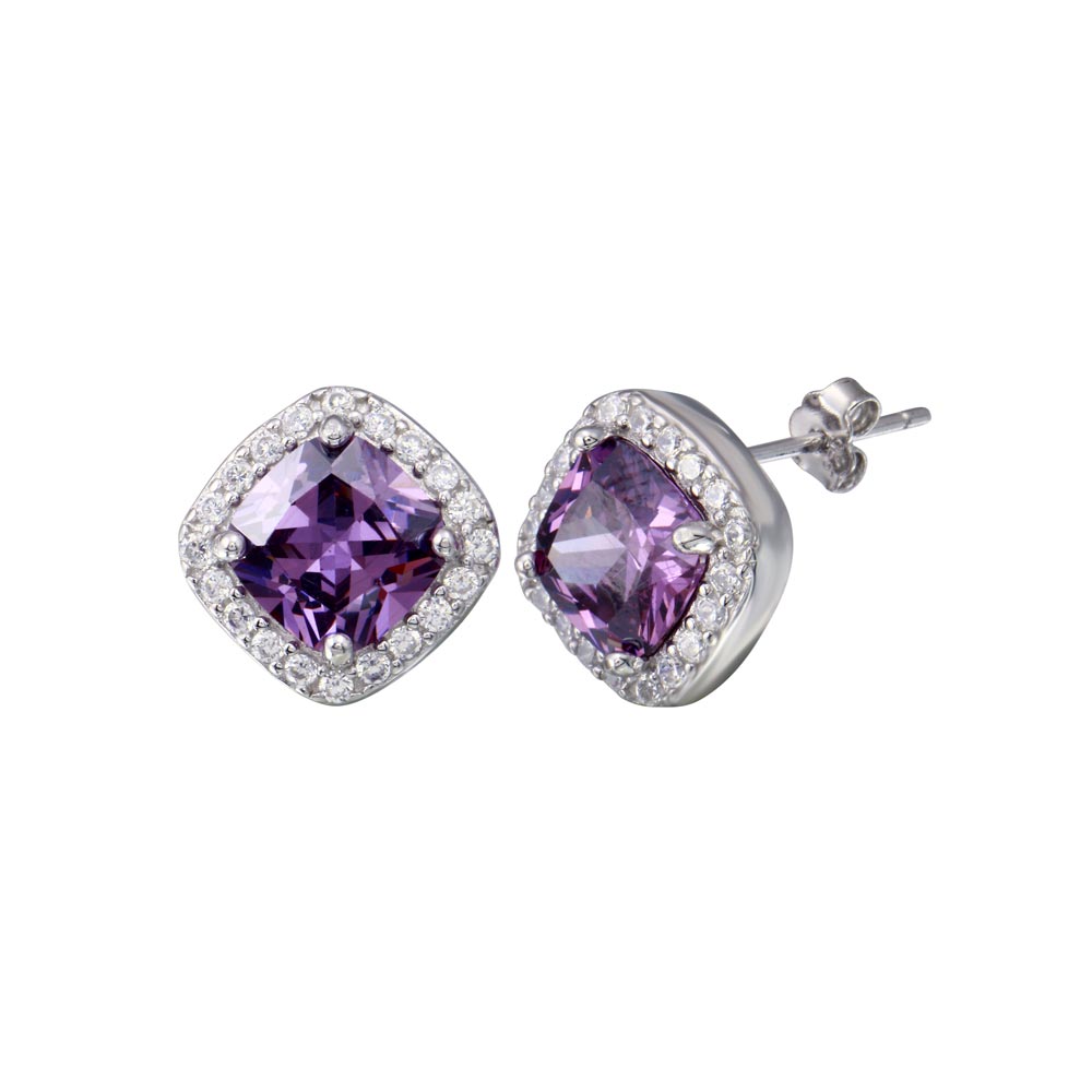 Sterling Silver Rhodium Plated Square Amethyst Clear CZ Stud Earrings