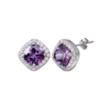 Load image into Gallery viewer, Sterling Silver Rhodium Plated Square Amethyst Clear CZ Stud Earrings