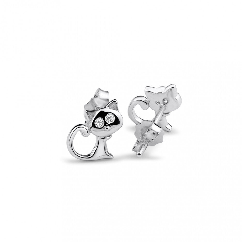 Sterling Silver Rhodium Plated Cat Clear CZ Earrings