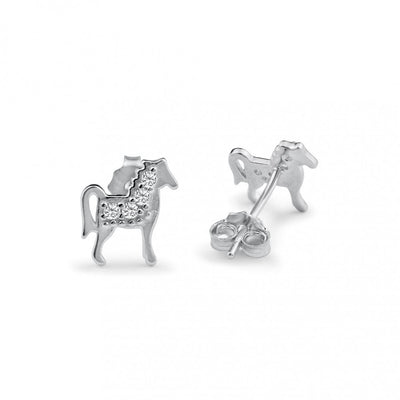 Sterling Silver Rhodium Plated Horse Clear CZ Earrings