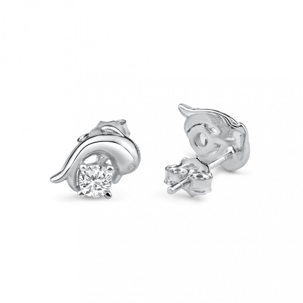 Sterling Silver Rhodium Plated Dolphin Clear CZ Earrings