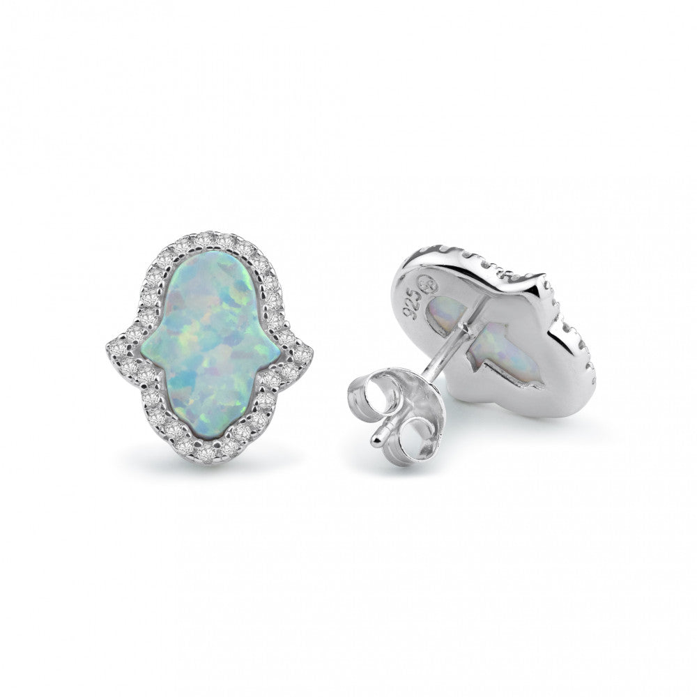 Sterling Silver Rhodium Plated Hamsa Opal And Clear CZ Earrings