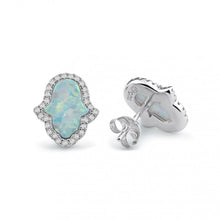 Load image into Gallery viewer, Sterling Silver Rhodium Plated Hamsa Opal And Clear CZ Earrings