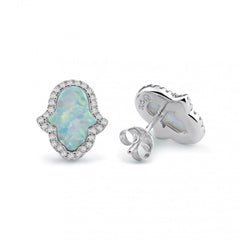 Sterling Silver Rhodium Plated Hamsa Opal And Clear CZ Earrings