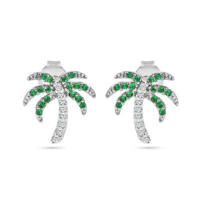 Sterling Silver Rhodium Plated PalmTree Clear, Green and Black CZ Stud Earrings